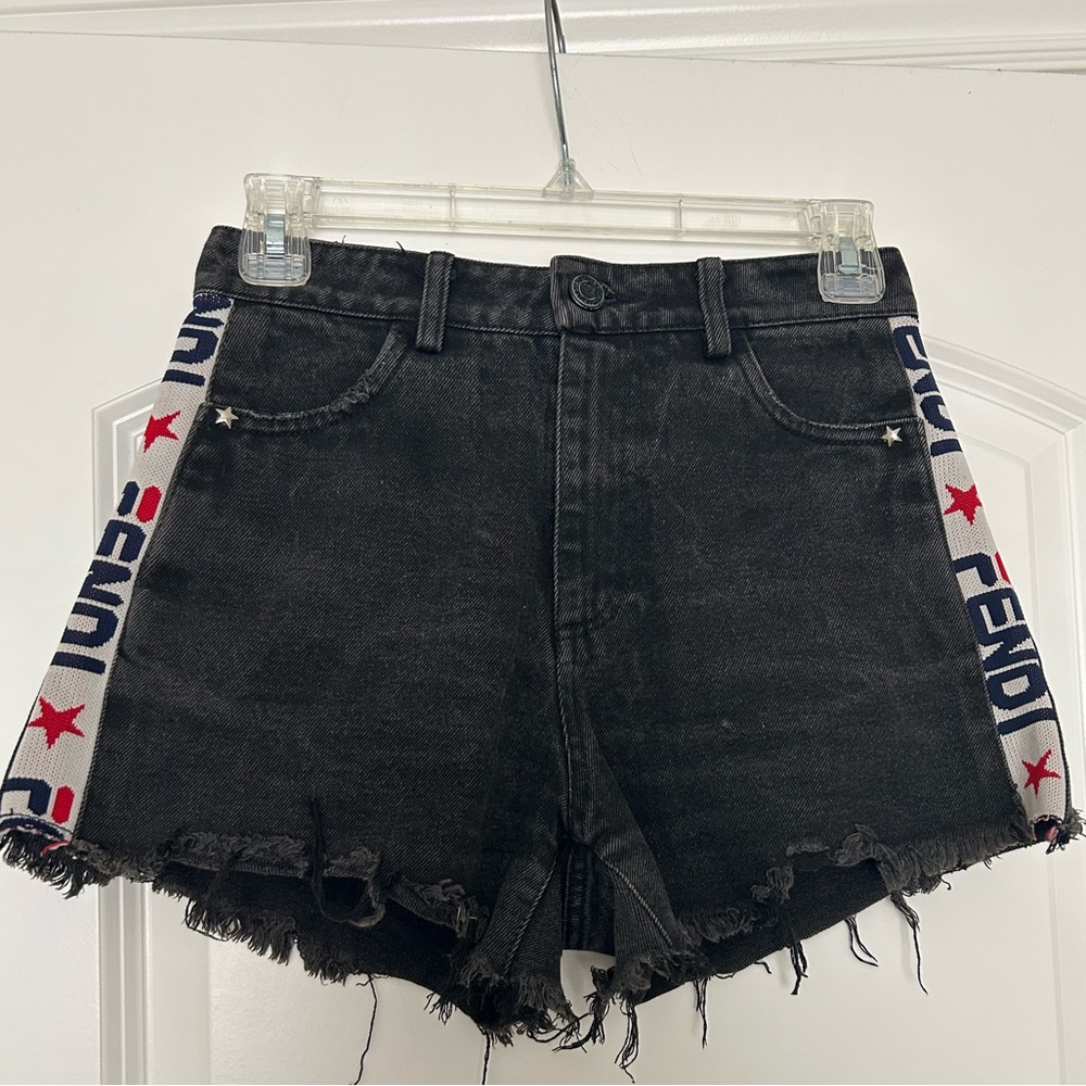 Fendi Logo Tape Black Denim Cutoff Shorts High Waist Designer Sz S distressing